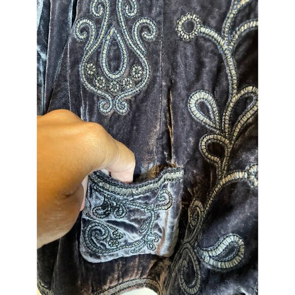 Laura Ashley blue velvet embroidered blazer lined collar snaps pockets Large - Picture 6 of 8